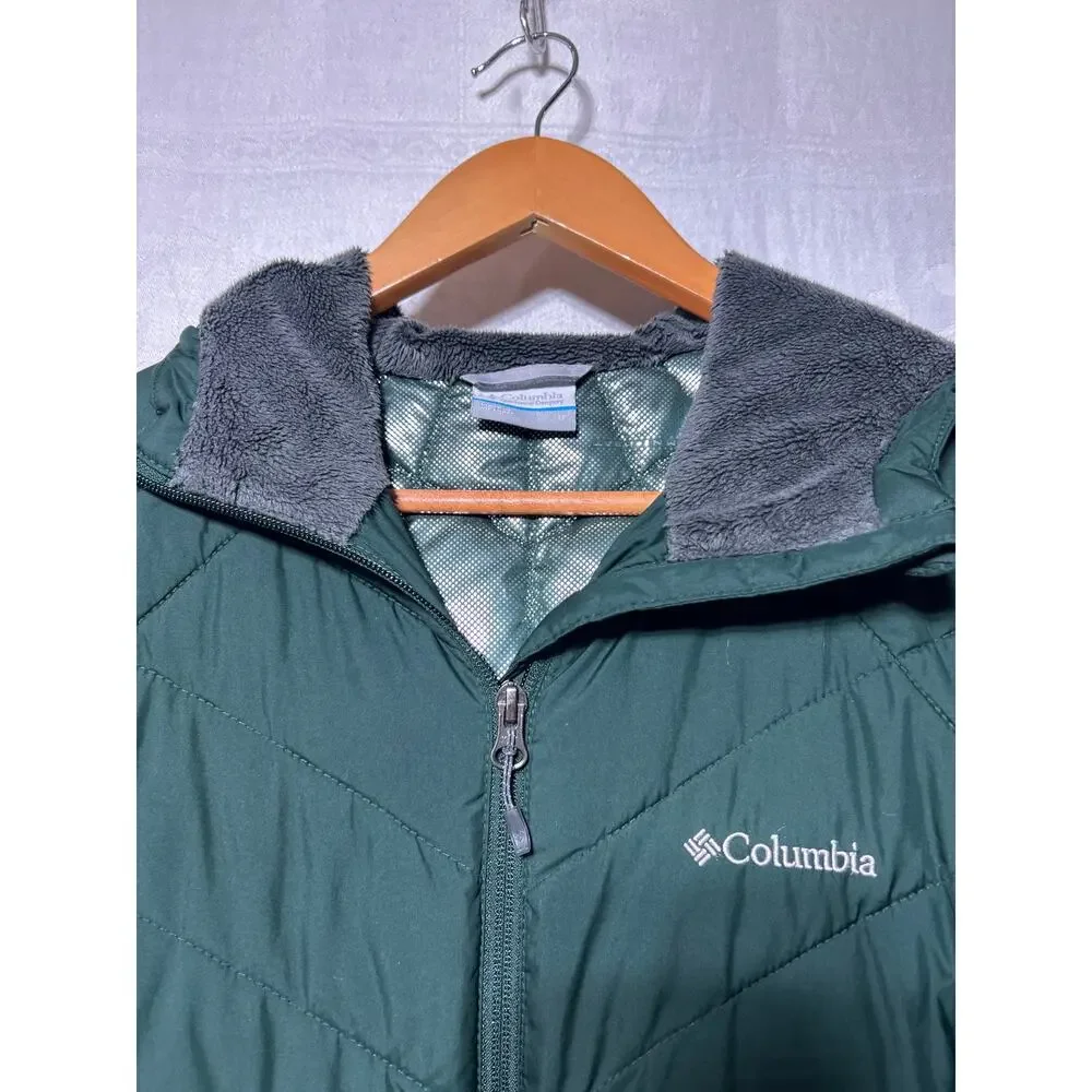Columbia Puffer Coat Small Green Omni Heat Long Full Zip Heavenly Hooded